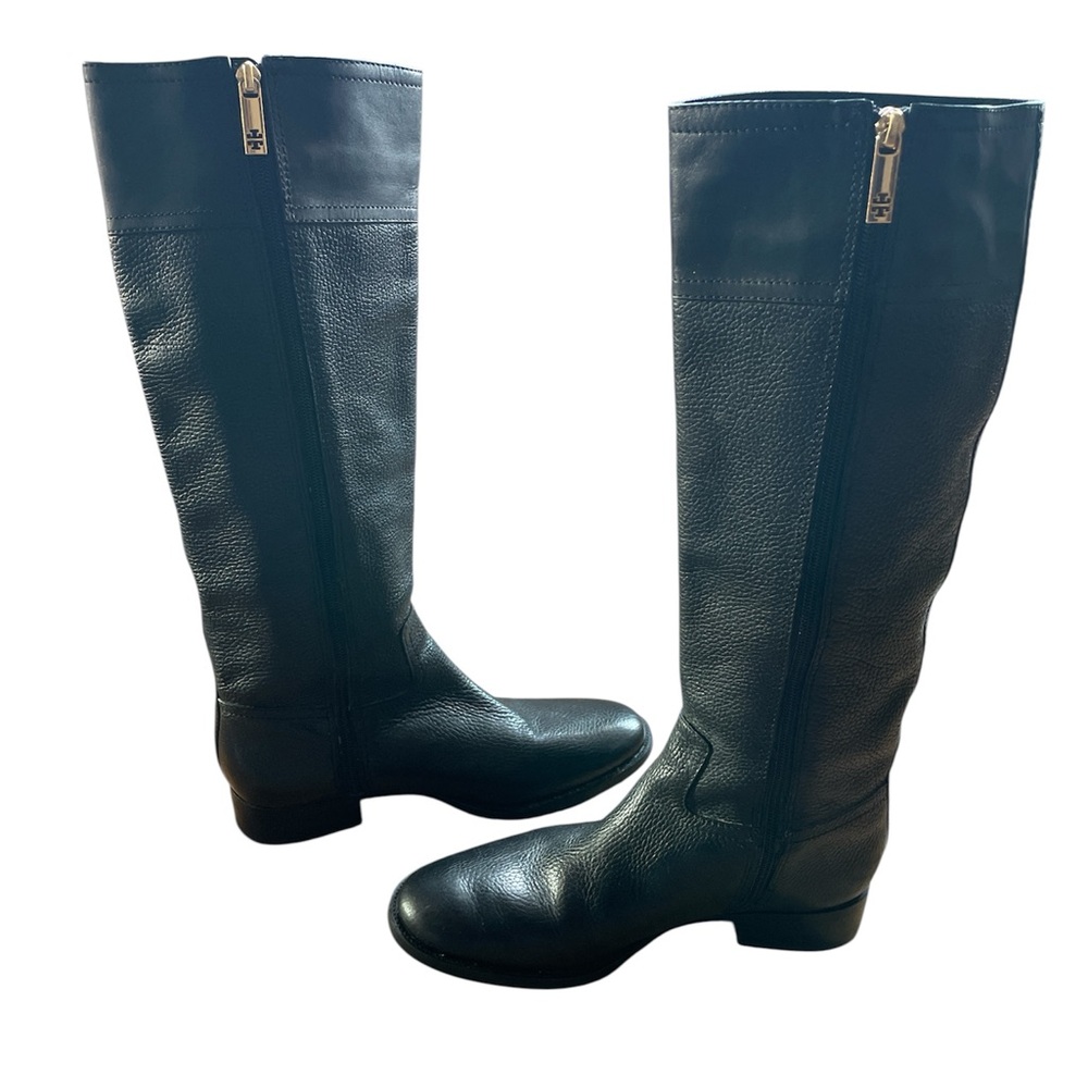 Tory Burch Black Leather Julian Riding Boots with Gold Buckle - Picture 3 of 14